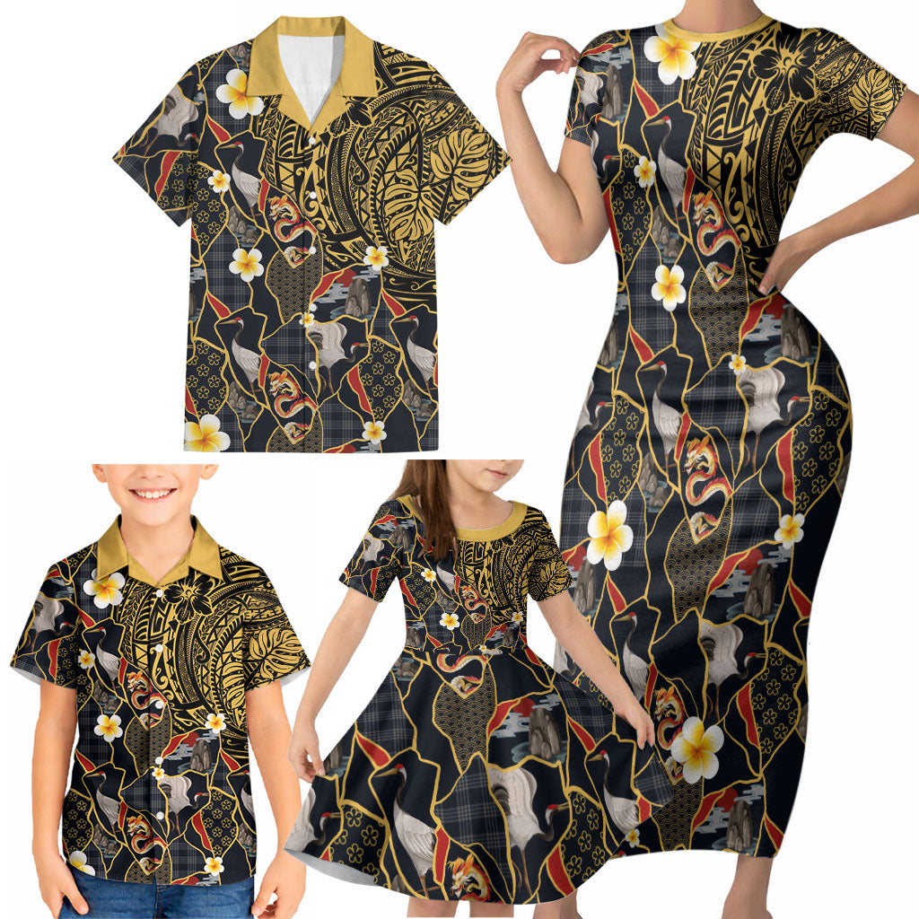 Hawaiian and Japanese Family Matching Short Sleeve Bodycon Dress and Hawaiian Shirt Polynesian Tattoo with Japanese Culture Kintsugi Style
