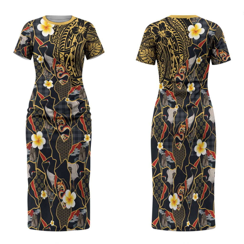 Hawaiian and Japanese Family Matching Short Sleeve Bodycon Dress and Hawaiian Shirt Polynesian Tattoo with Japanese Culture Kintsugi Style