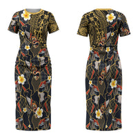 Hawaiian and Japanese Family Matching Short Sleeve Bodycon Dress and Hawaiian Shirt Polynesian Tattoo with Japanese Culture Kintsugi Style