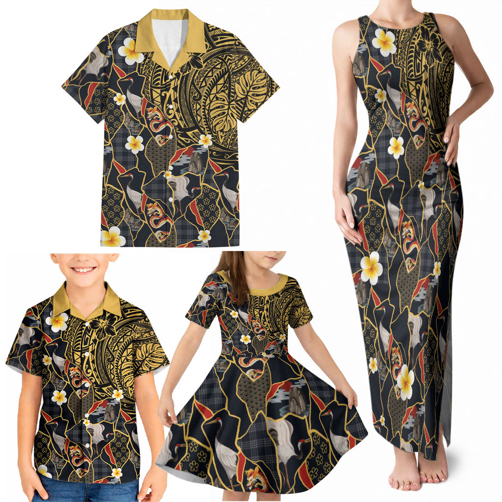 Hawaiian and Japanese Family Matching Tank Maxi Dress and Hawaiian Shirt Polynesian Tattoo with Japanese Culture Kintsugi Style