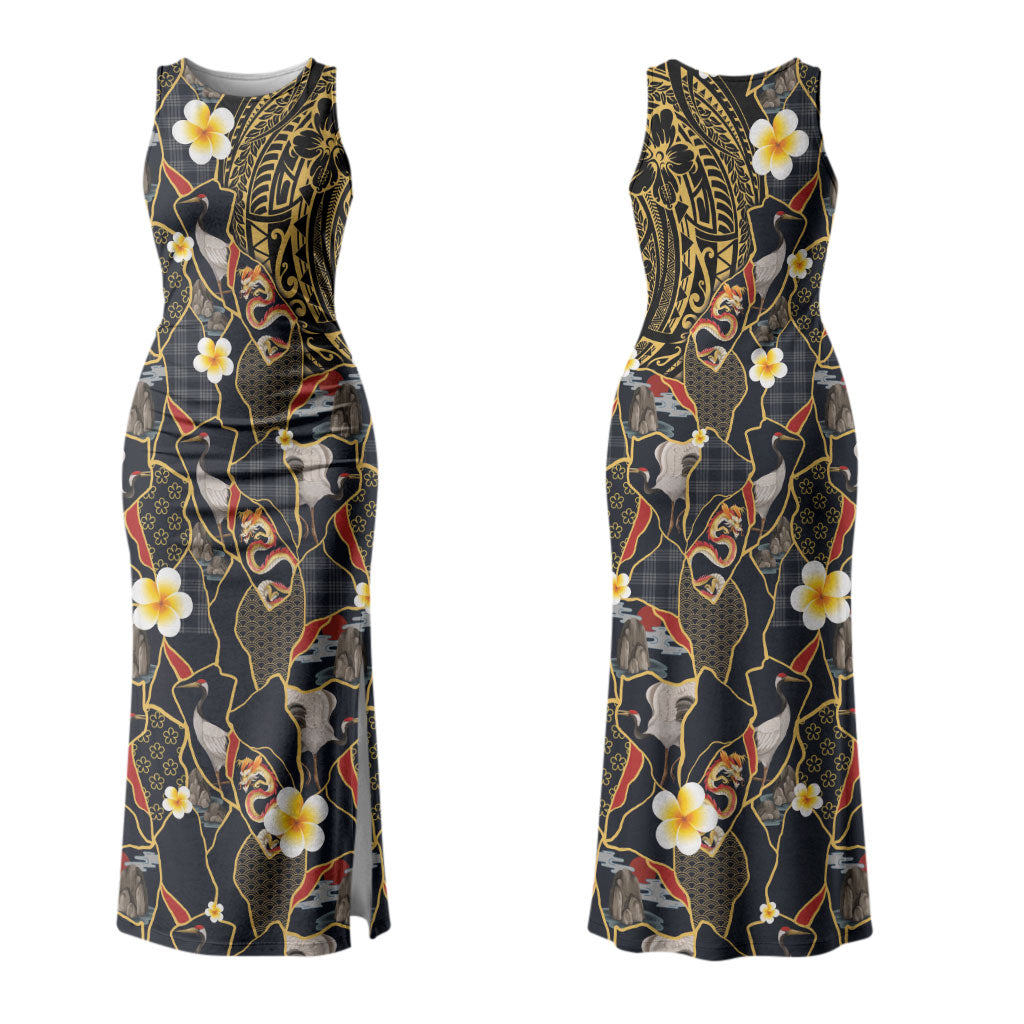 Hawaiian and Japanese Family Matching Tank Maxi Dress and Hawaiian Shirt Polynesian Tattoo with Japanese Culture Kintsugi Style