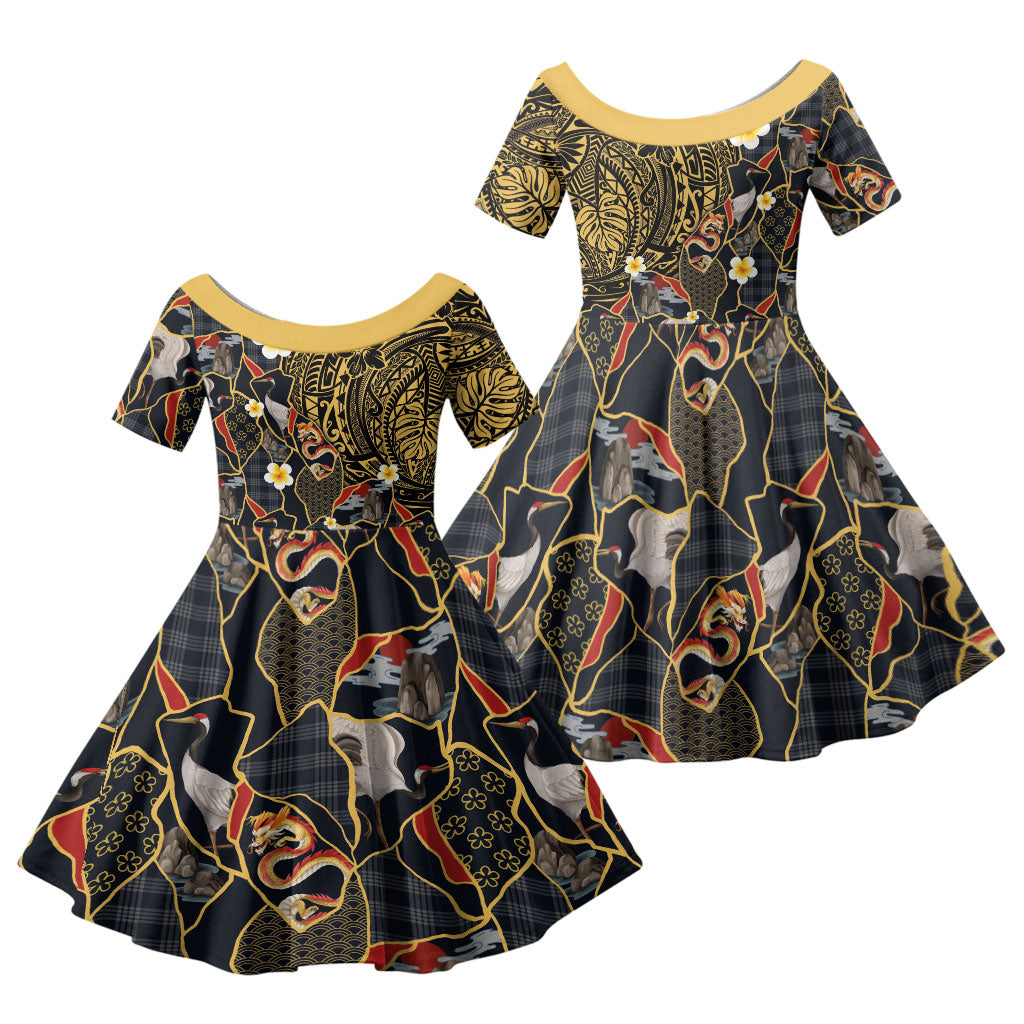 Hawaiian and Japanese Family Matching Tank Maxi Dress and Hawaiian Shirt Polynesian Tattoo with Japanese Culture Kintsugi Style