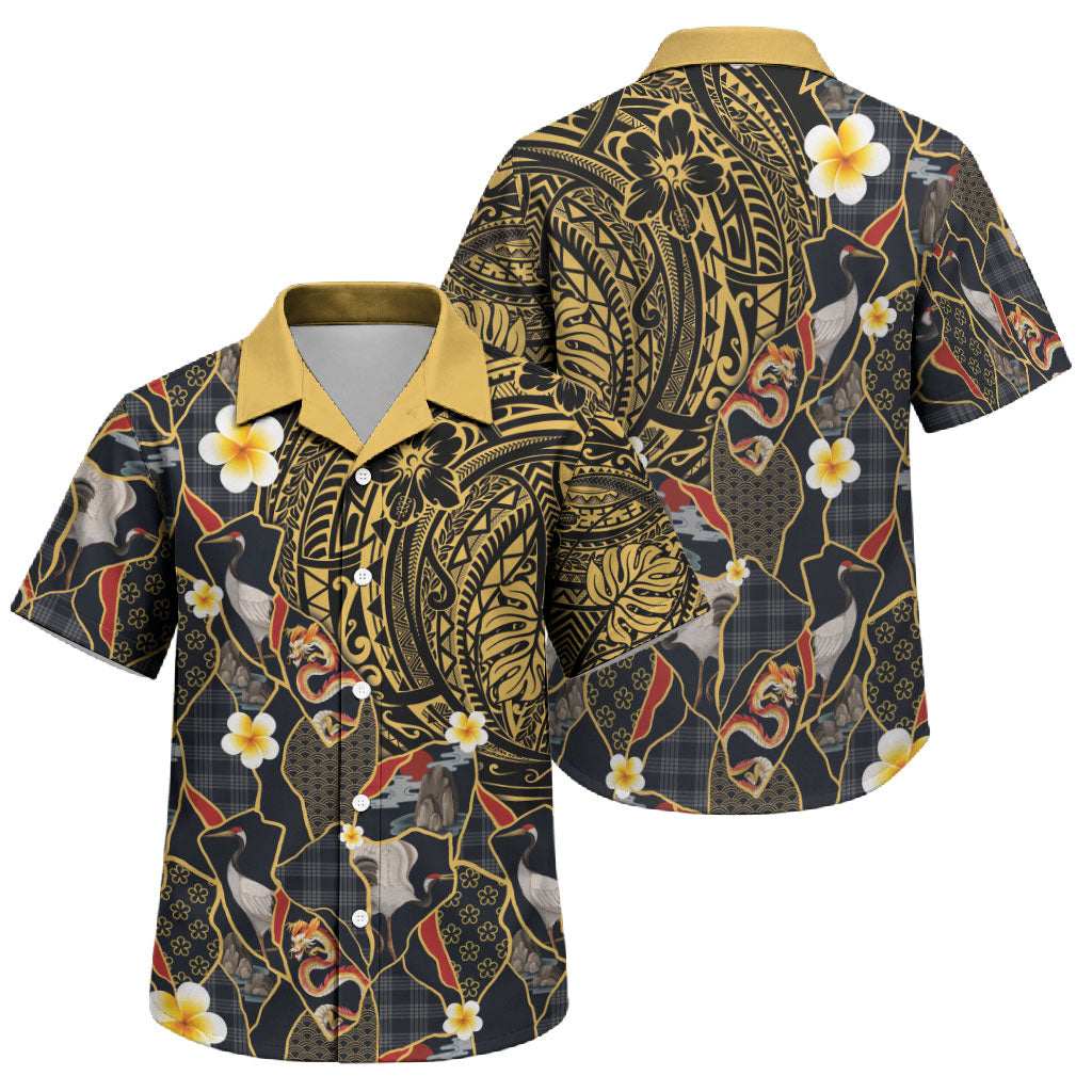 Hawaiian and Japanese Family Matching Tank Maxi Dress and Hawaiian Shirt Polynesian Tattoo with Japanese Culture Kintsugi Style