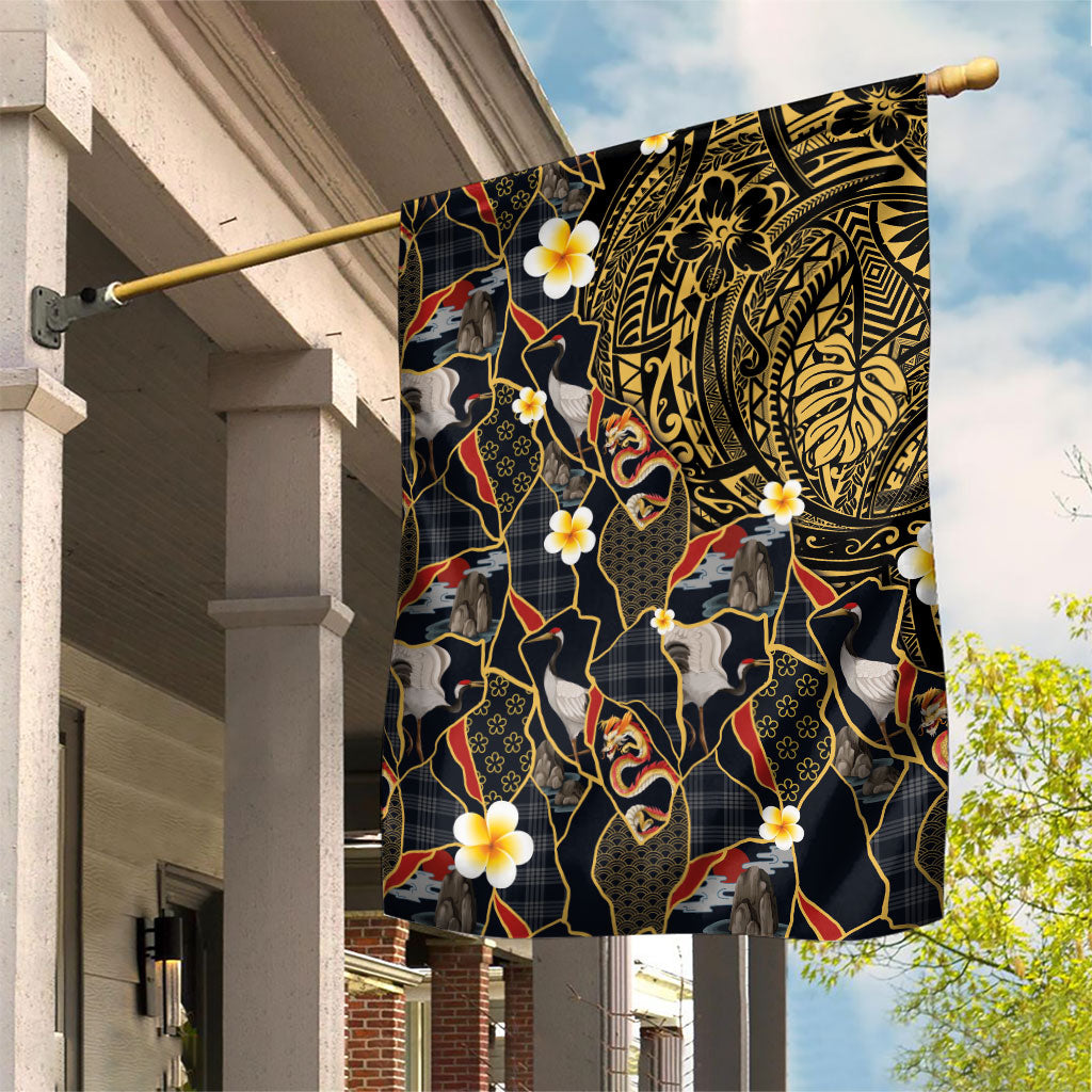 Hawaiian and Japanese Garden Flag Polynesian Tattoo with Japanese Culture Kintsugi Style