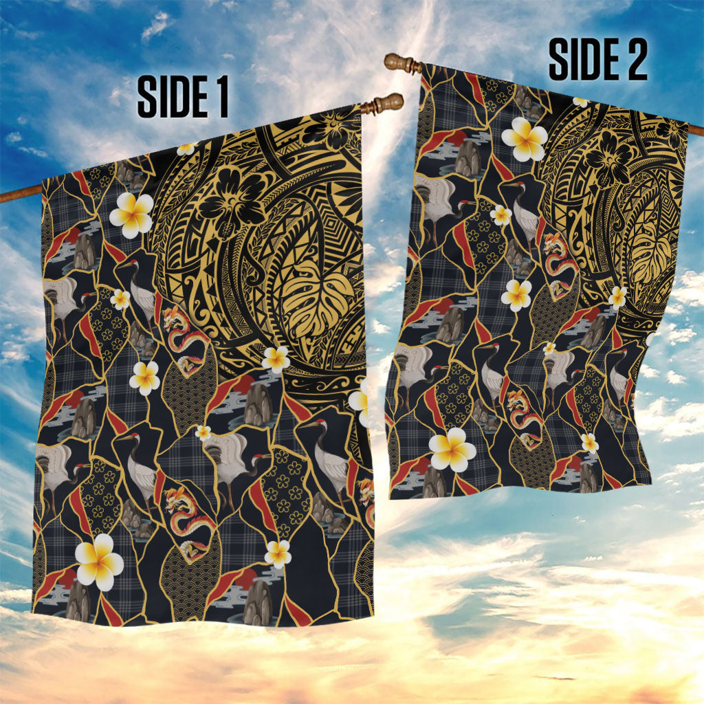Hawaiian and Japanese Garden Flag Polynesian Tattoo with Japanese Culture Kintsugi Style