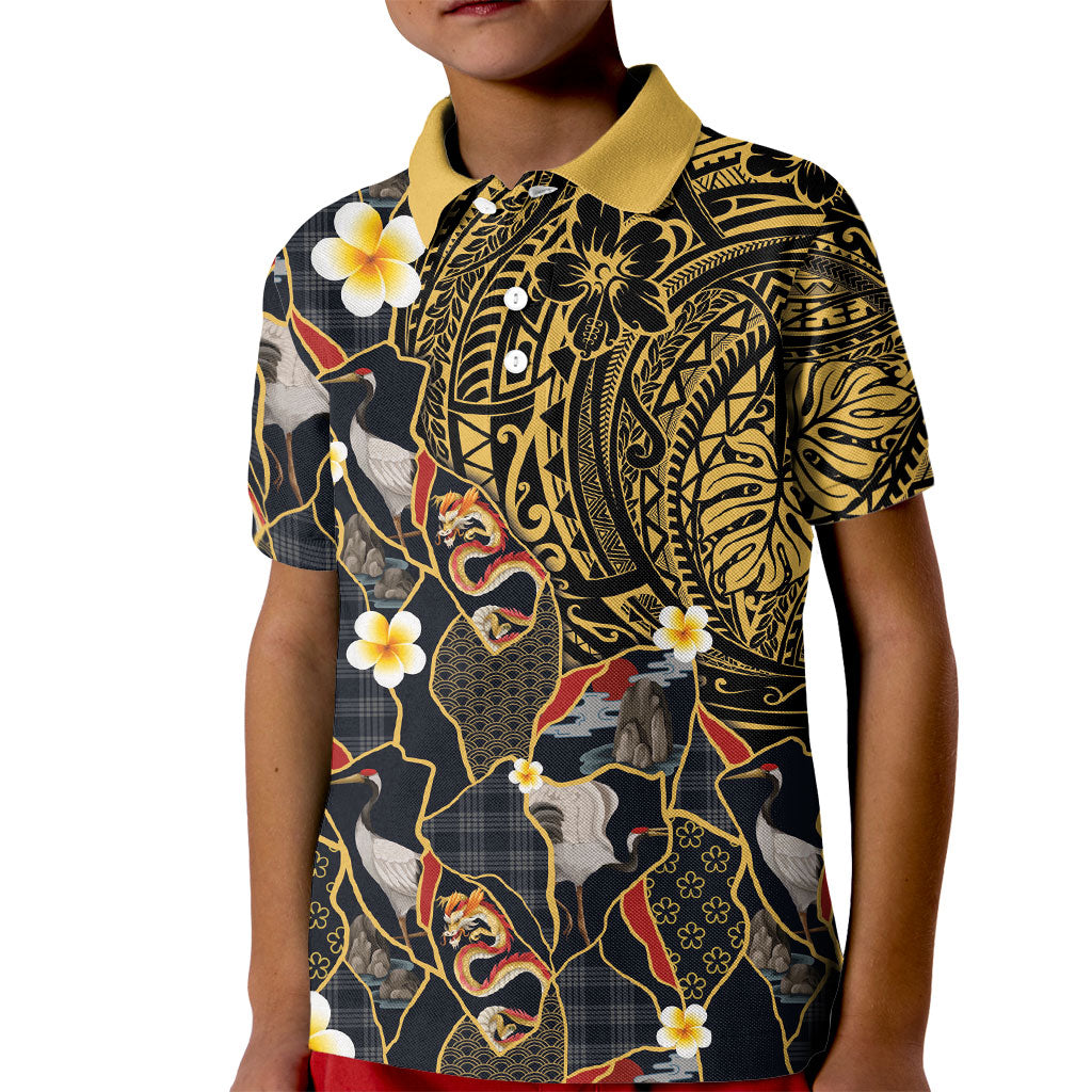 Hawaiian and Japanese Kid Polo Shirt Polynesian Tattoo with Japanese Culture Kintsugi Style