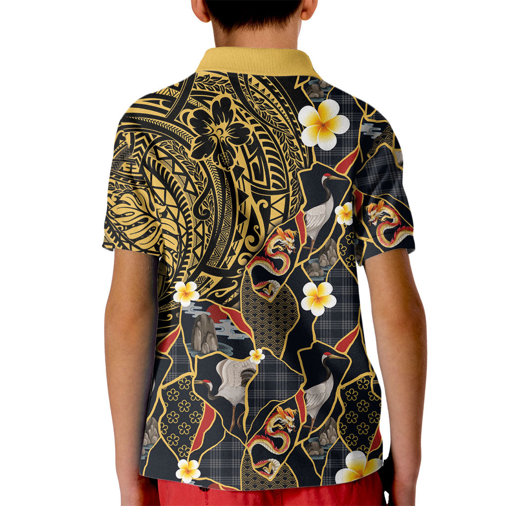 Hawaiian and Japanese Kid Polo Shirt Polynesian Tattoo with Japanese Culture Kintsugi Style