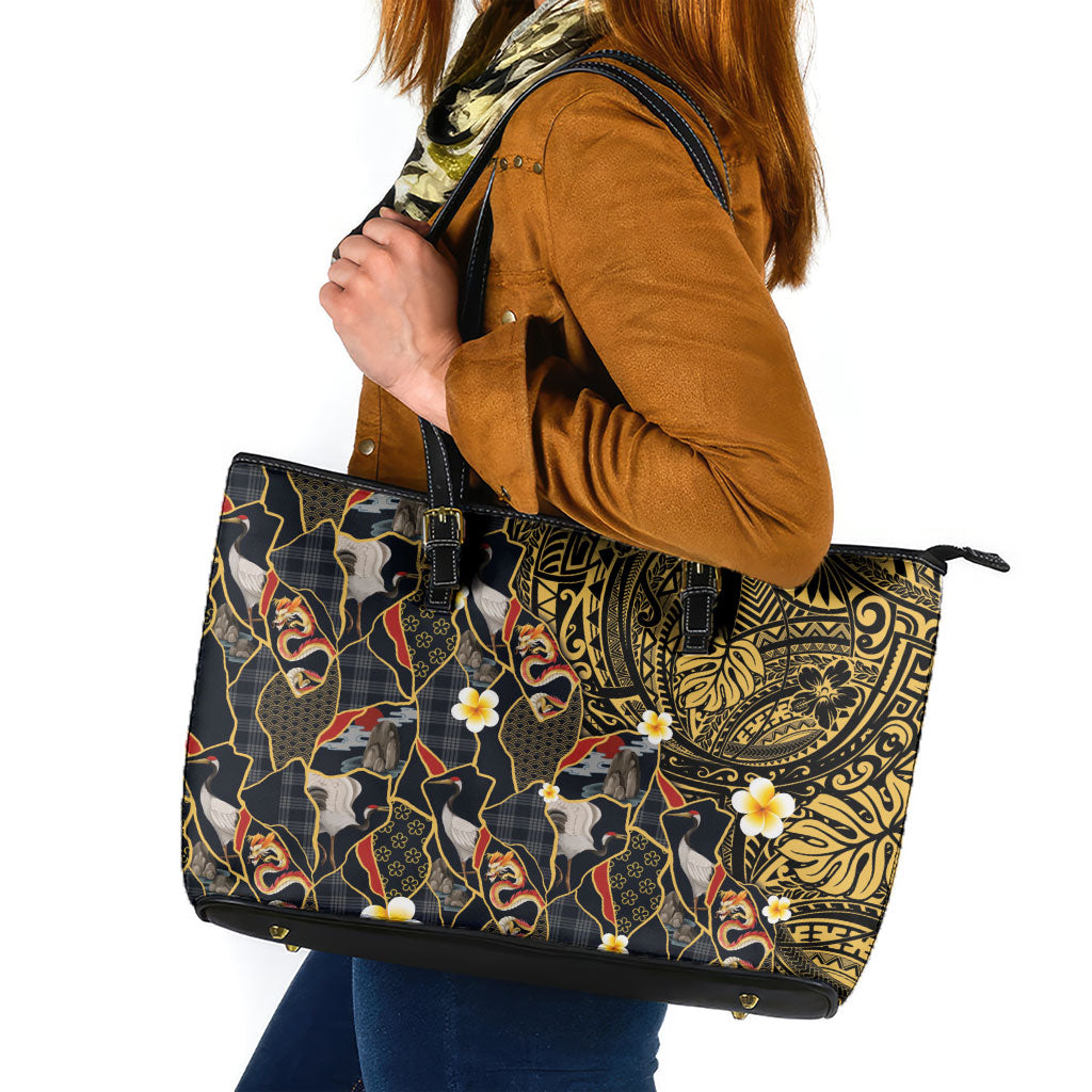 Hawaiian and Japanese Leather Tote Bag Polynesian Tattoo with Japanese Culture Kintsugi Style