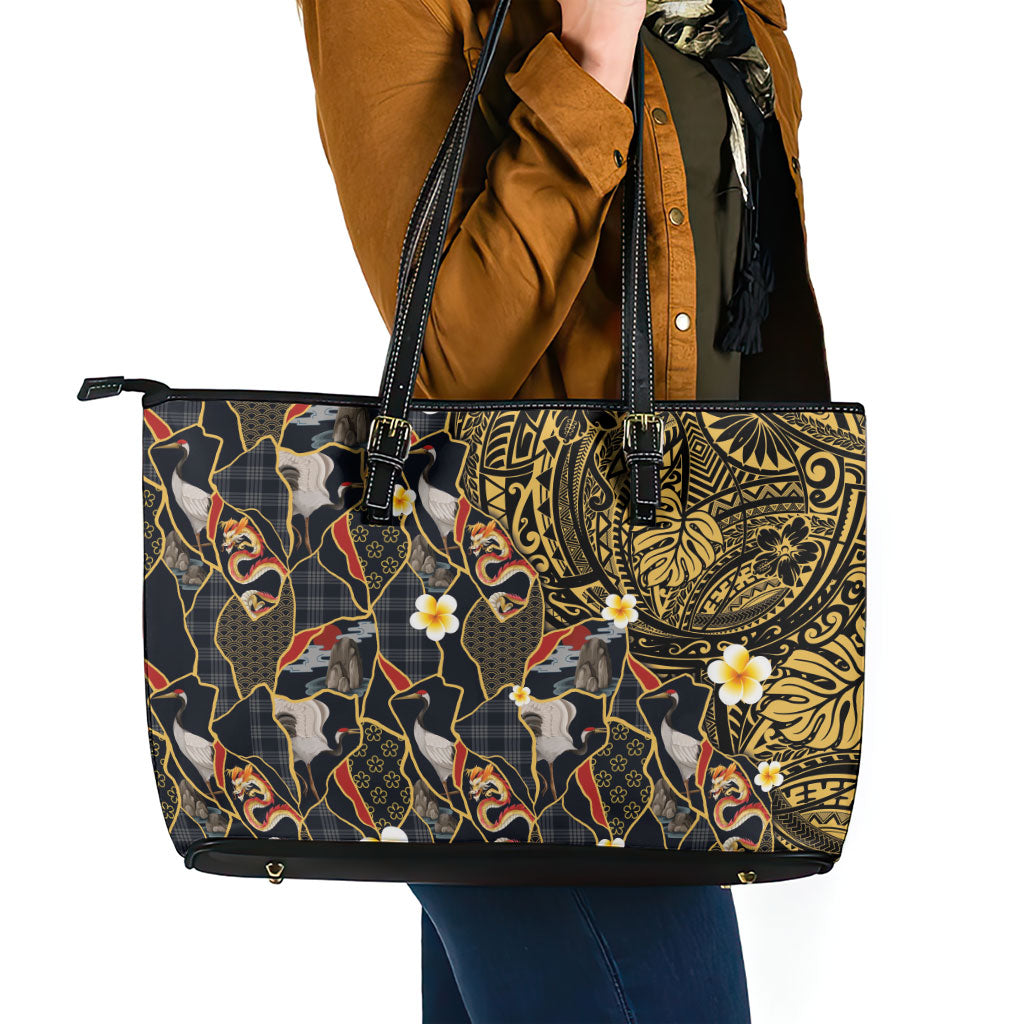 Hawaiian and Japanese Leather Tote Bag Polynesian Tattoo with Japanese Culture Kintsugi Style