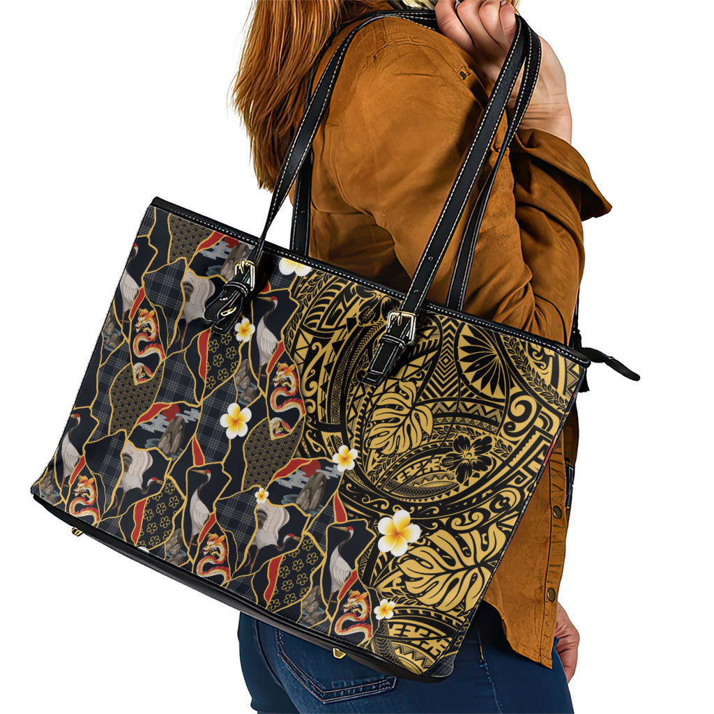 Hawaiian and Japanese Leather Tote Bag Polynesian Tattoo with Japanese Culture Kintsugi Style