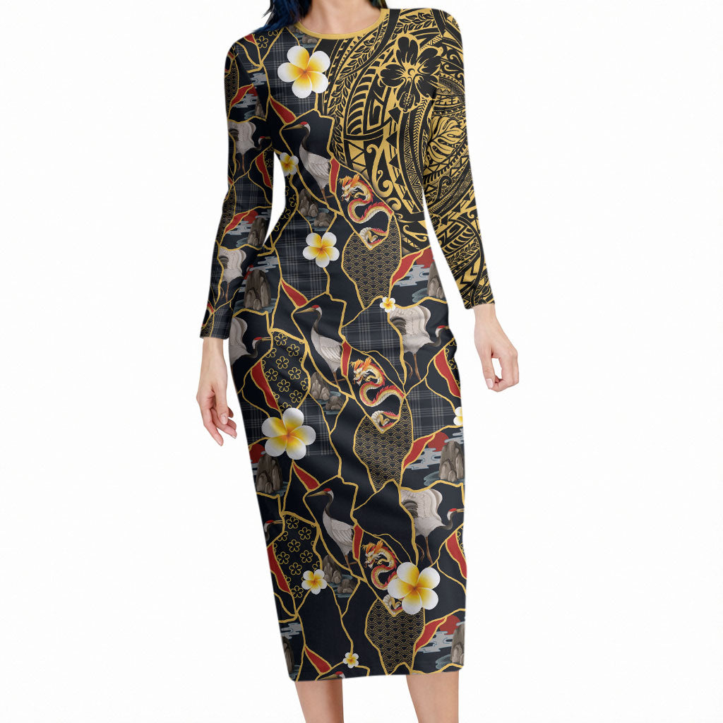 Hawaiian and Japanese Long Sleeve Bodycon Dress Polynesian Tattoo with Japanese Culture Kintsugi Style