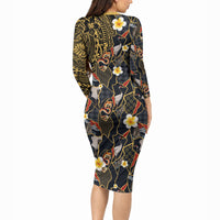 Hawaiian and Japanese Long Sleeve Bodycon Dress Polynesian Tattoo with Japanese Culture Kintsugi Style