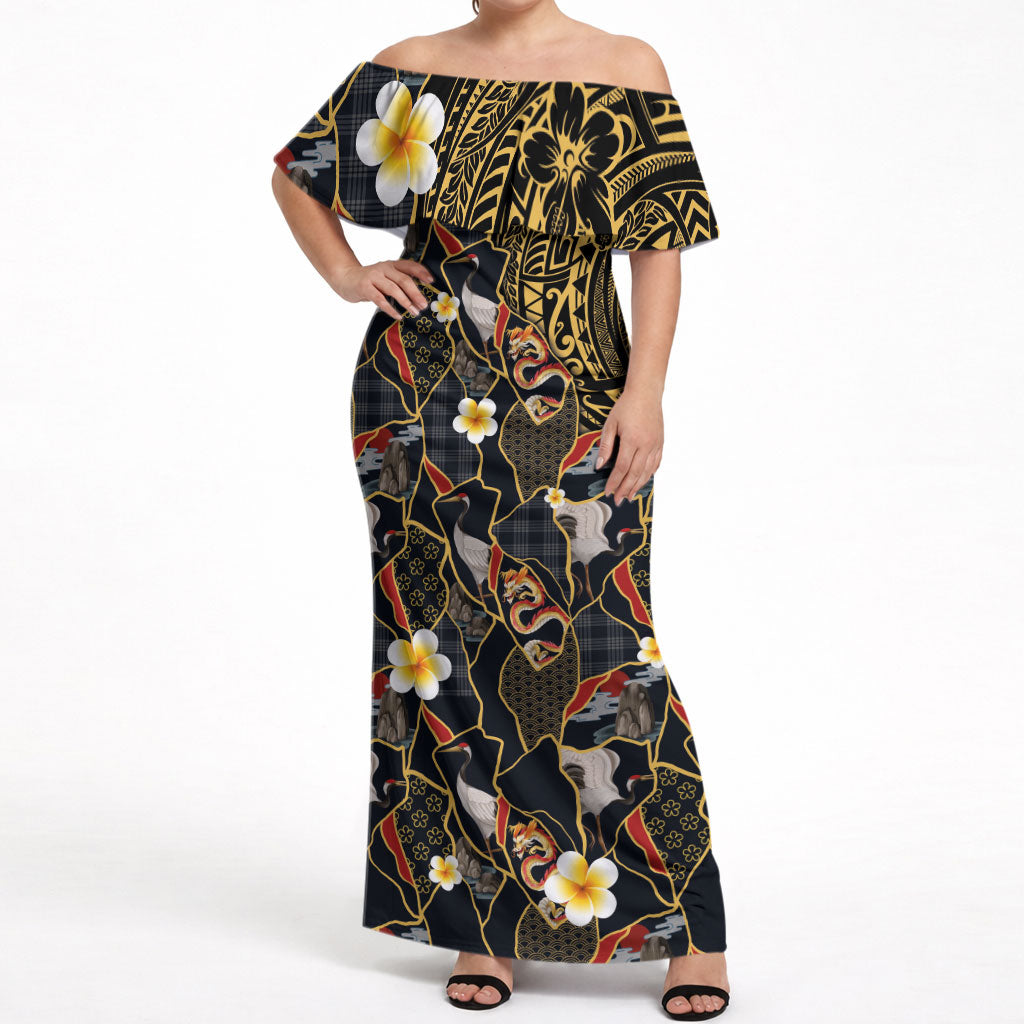 Hawaiian and Japanese Off Shoulder Maxi Dress Polynesian Tattoo with Japanese Culture Kintsugi Style LT03 Women Multicolor - Polynesian Pride