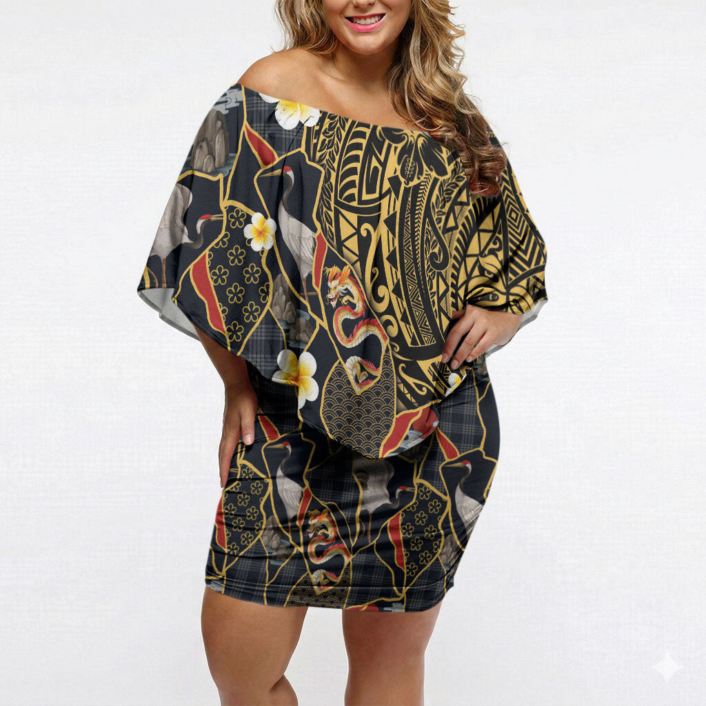 Hawaiian and Japanese Off Shoulder Short Dress Polynesian Tattoo with Japanese Culture Kintsugi Style LT03 Women Multicolor - Polynesian Pride