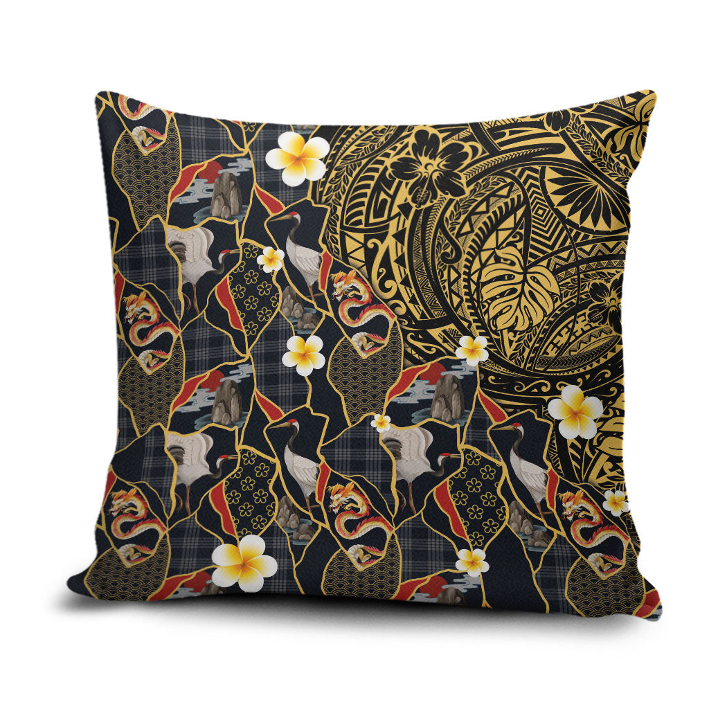 Hawaiian and Japanese Pillow Cover Polynesian Tattoo with Japanese Culture Kintsugi Style