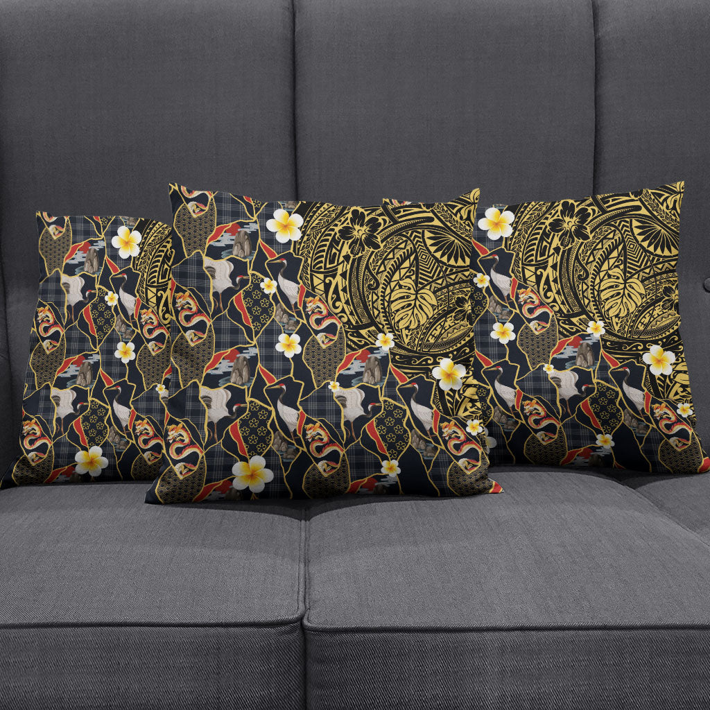 Hawaiian and Japanese Pillow Cover Polynesian Tattoo with Japanese Culture Kintsugi Style
