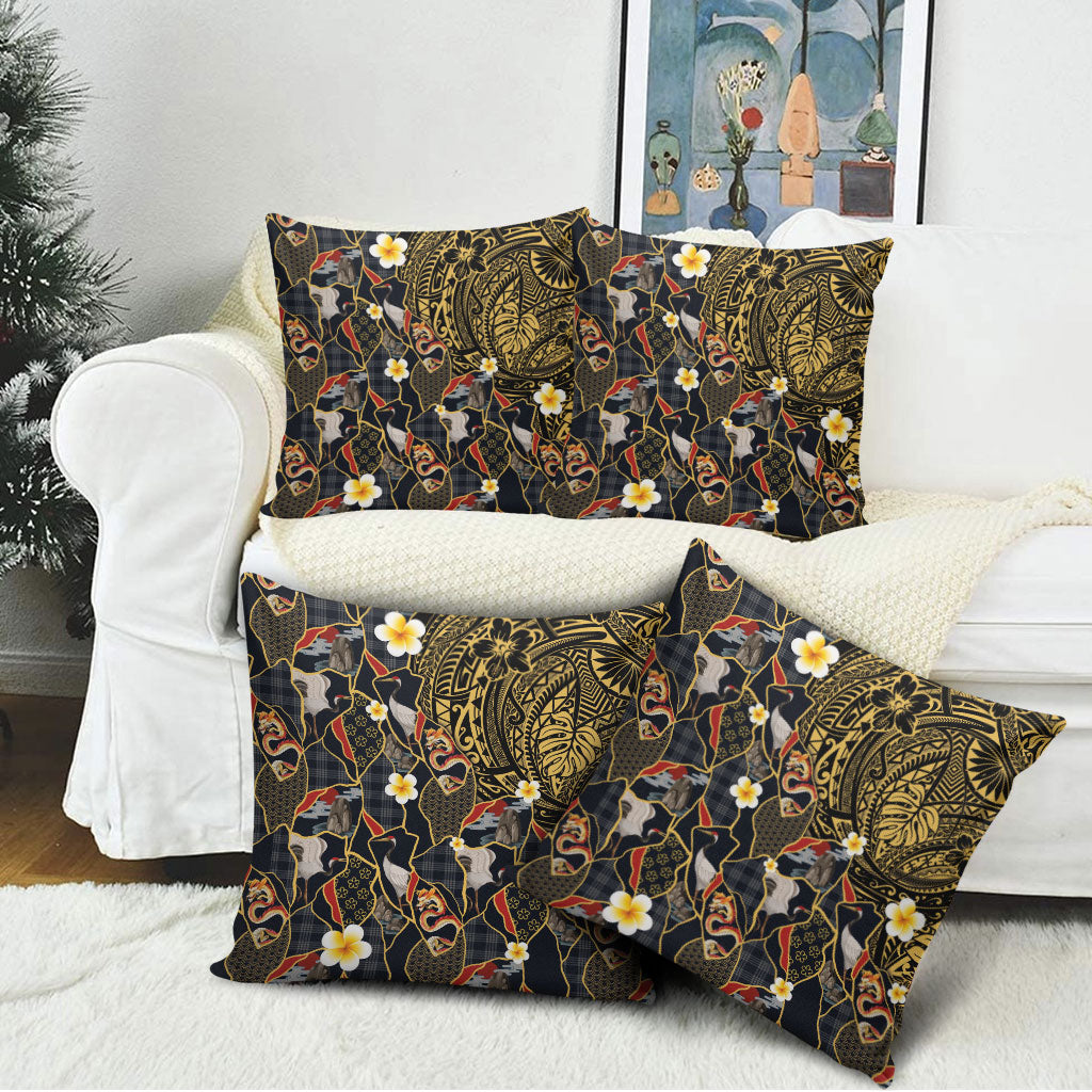 Hawaiian and Japanese Pillow Cover Polynesian Tattoo with Japanese Culture Kintsugi Style