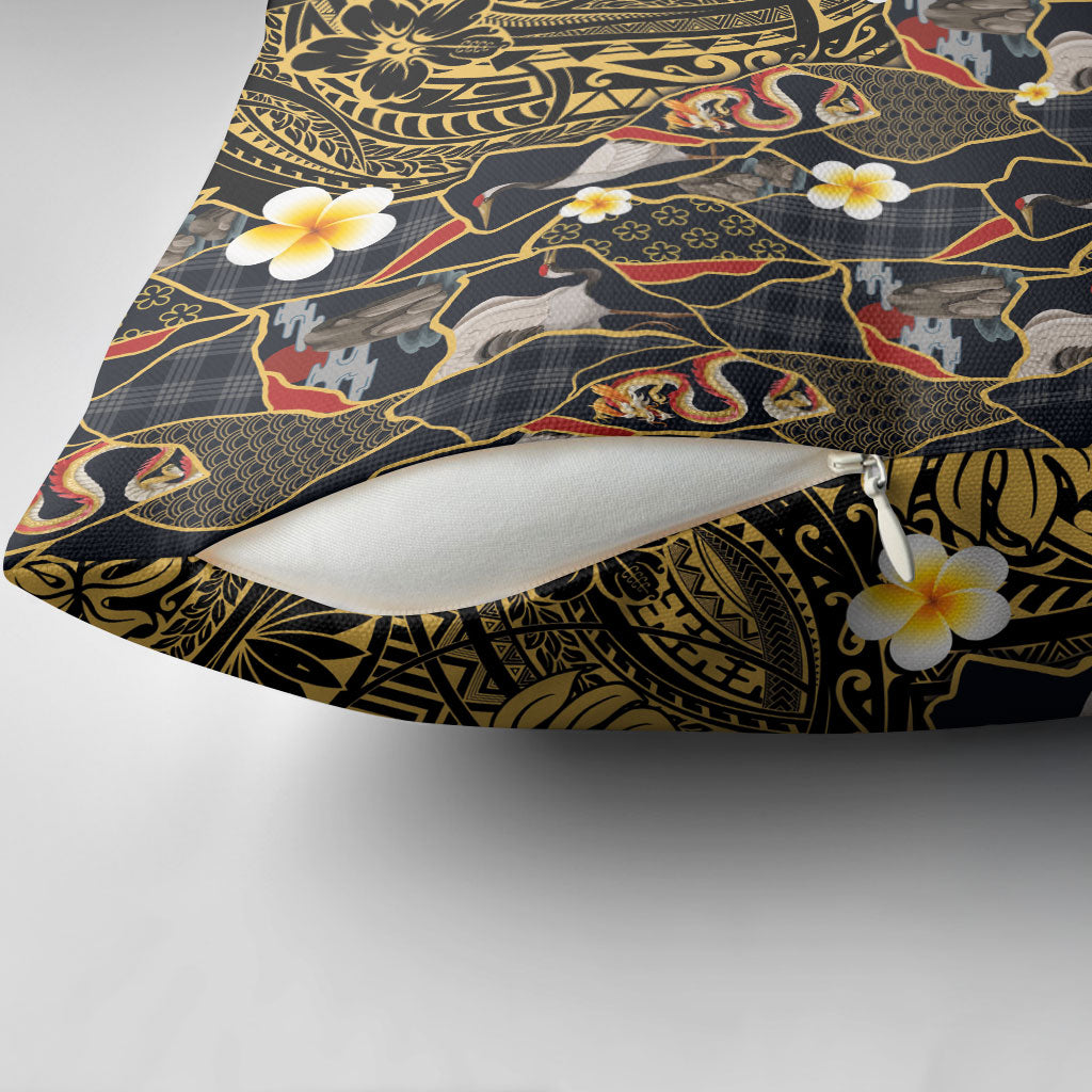 Hawaiian and Japanese Pillow Cover Polynesian Tattoo with Japanese Culture Kintsugi Style