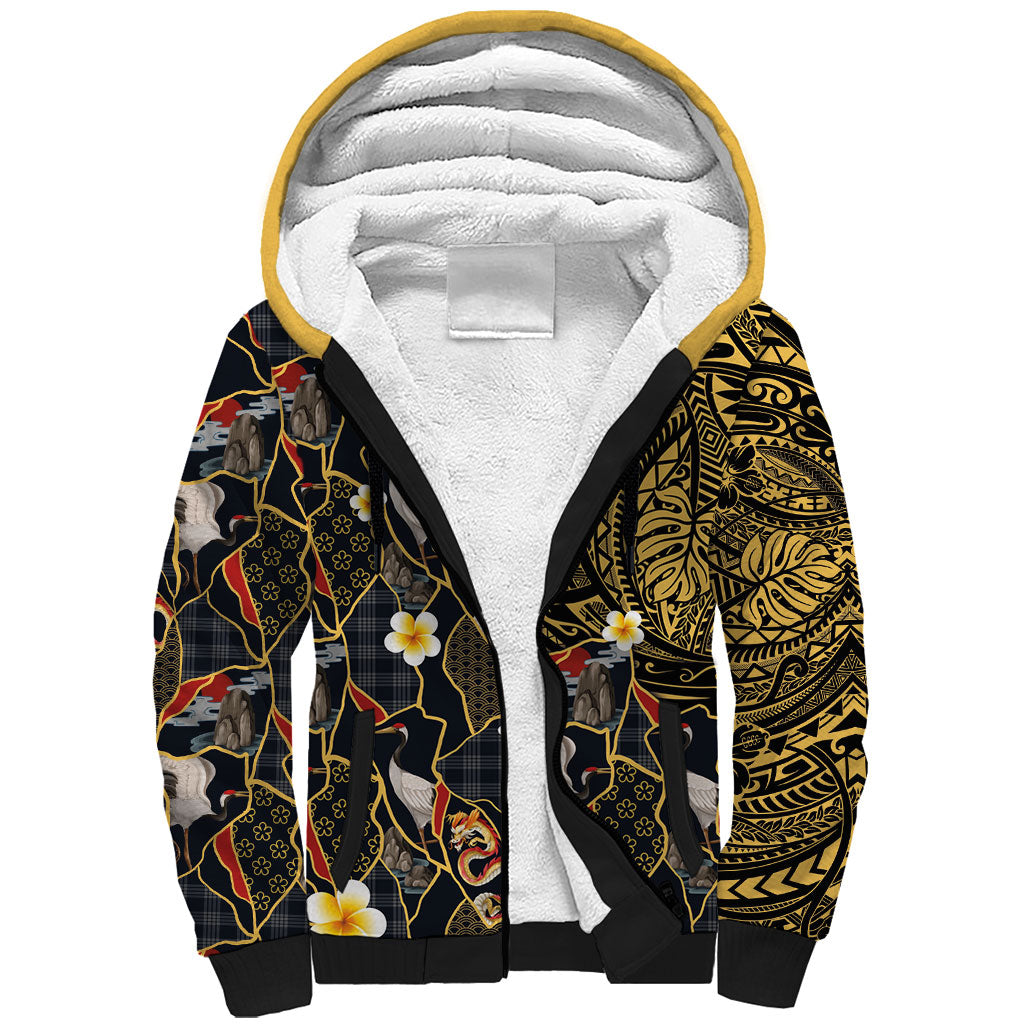 Hawaiian and Japanese Sherpa Hoodie Polynesian Tattoo with Japanese Culture Kintsugi Style LT03 Unisex Multicolor - Polynesian Pride