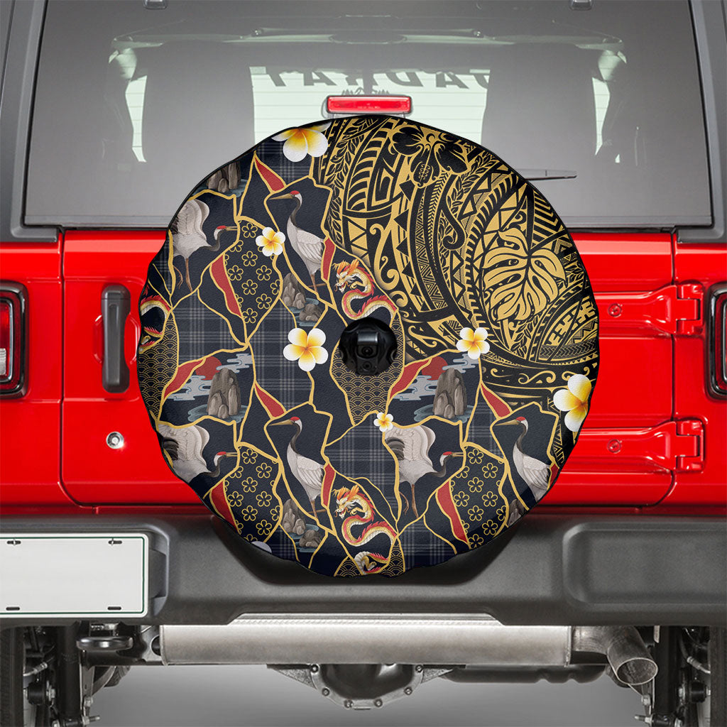 Hawaiian and Japanese Spare Tire Cover Polynesian Tattoo with Japanese Culture Kintsugi Style