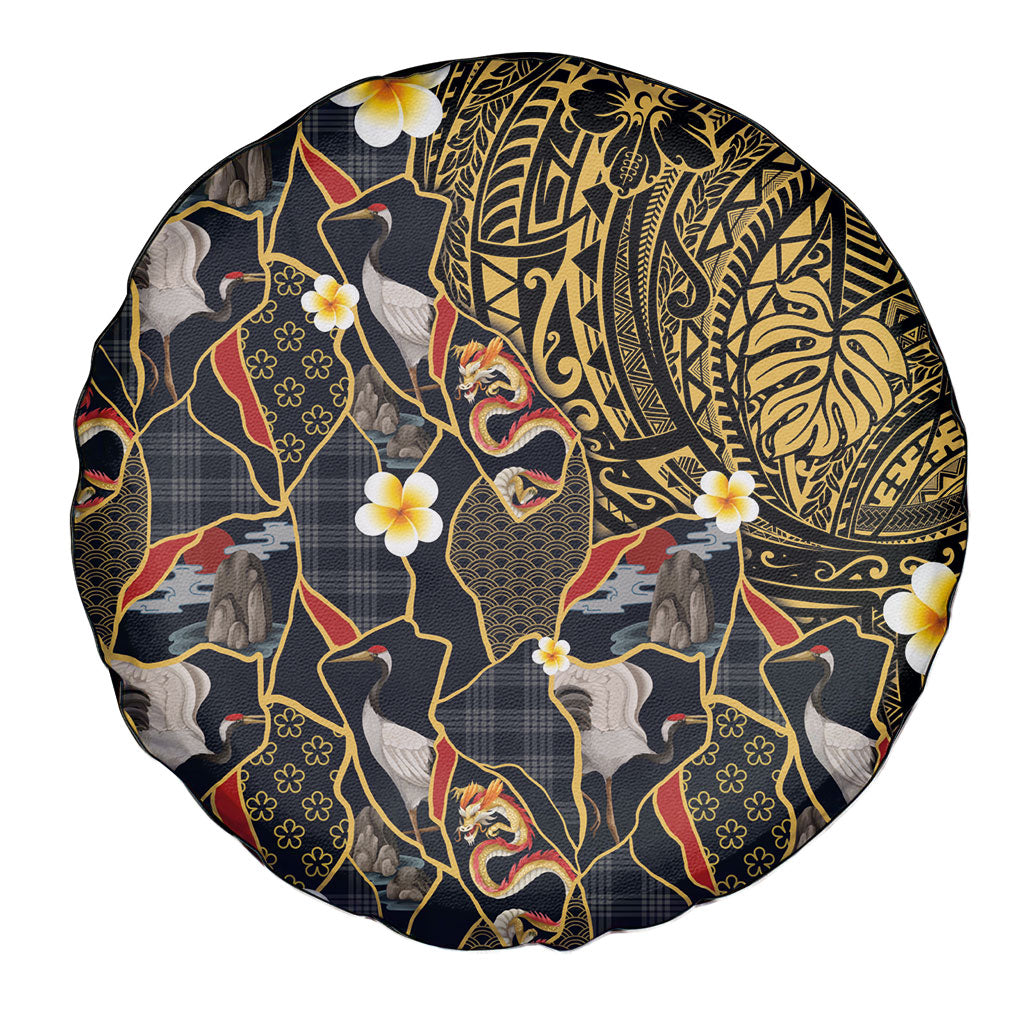 Hawaiian and Japanese Spare Tire Cover Polynesian Tattoo with Japanese Culture Kintsugi Style