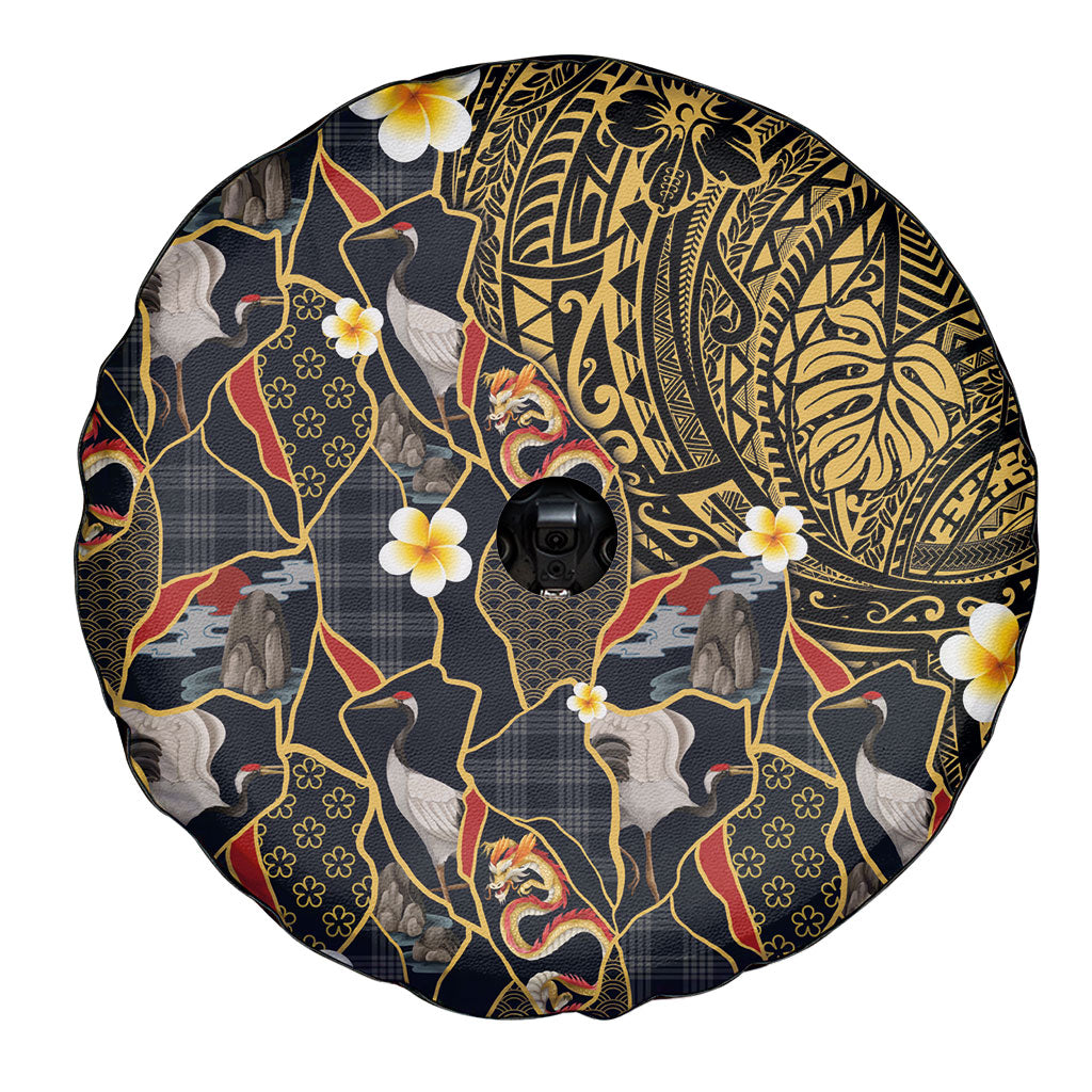 Hawaiian and Japanese Spare Tire Cover Polynesian Tattoo with Japanese Culture Kintsugi Style