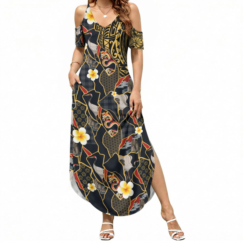 Hawaiian and Japanese Summer Maxi Dress Polynesian Tattoo with Japanese Culture Kintsugi Style