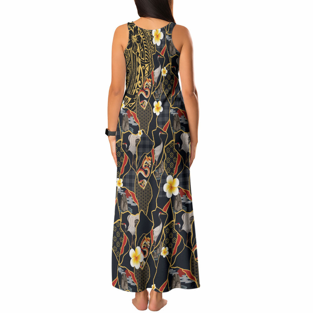 Hawaiian and Japanese Tank Maxi Dress Polynesian Tattoo with Japanese Culture Kintsugi Style