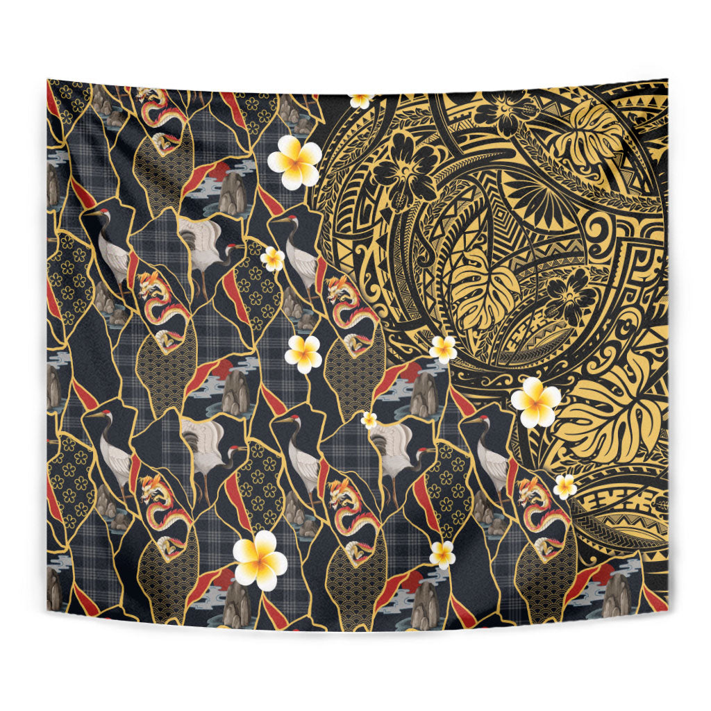 Hawaiian and Japanese Tapestry Polynesian Tattoo with Japanese Culture Kintsugi Style