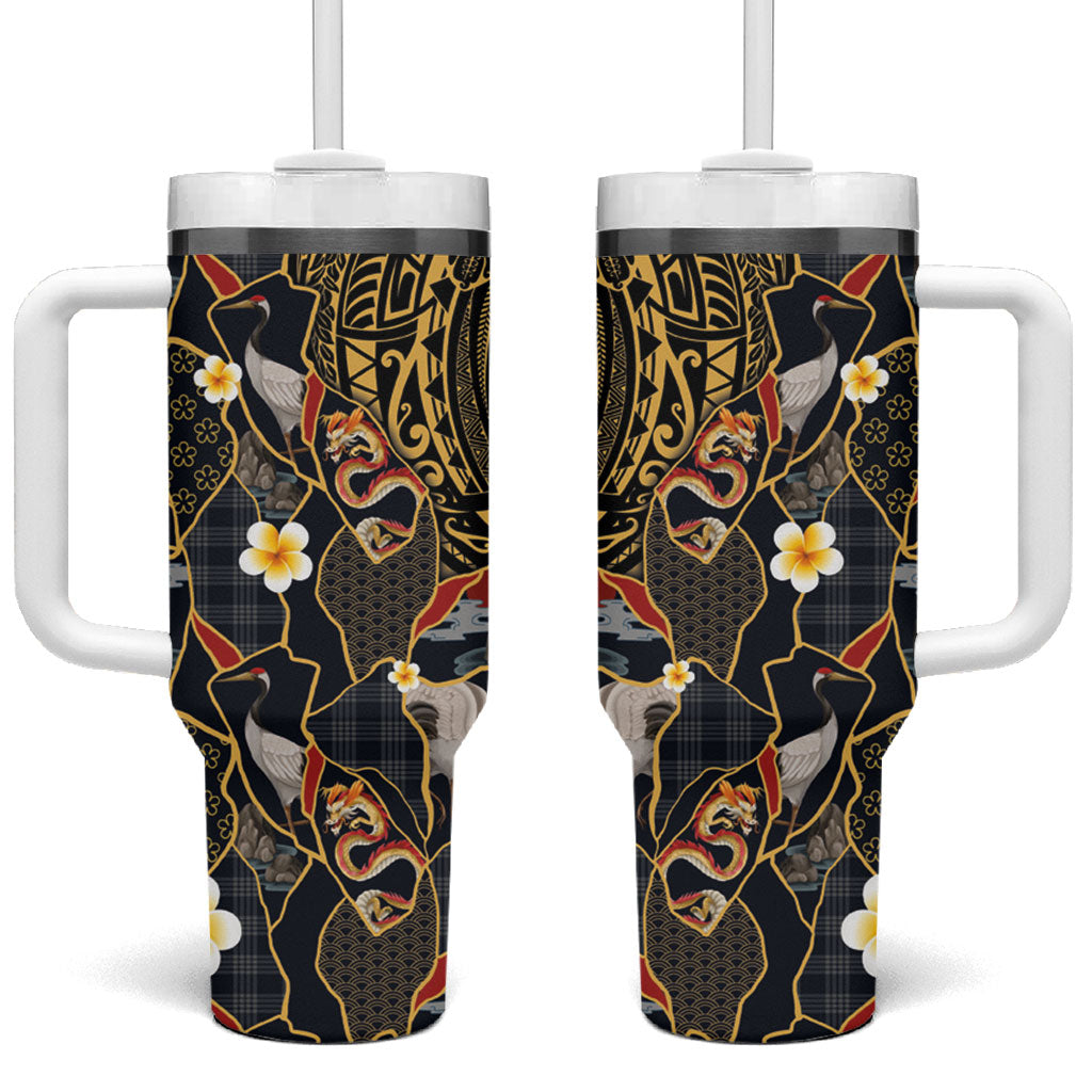 Hawaiian and Japanese Tumbler With Handle Polynesian Tattoo with Japanese Culture Kintsugi Style