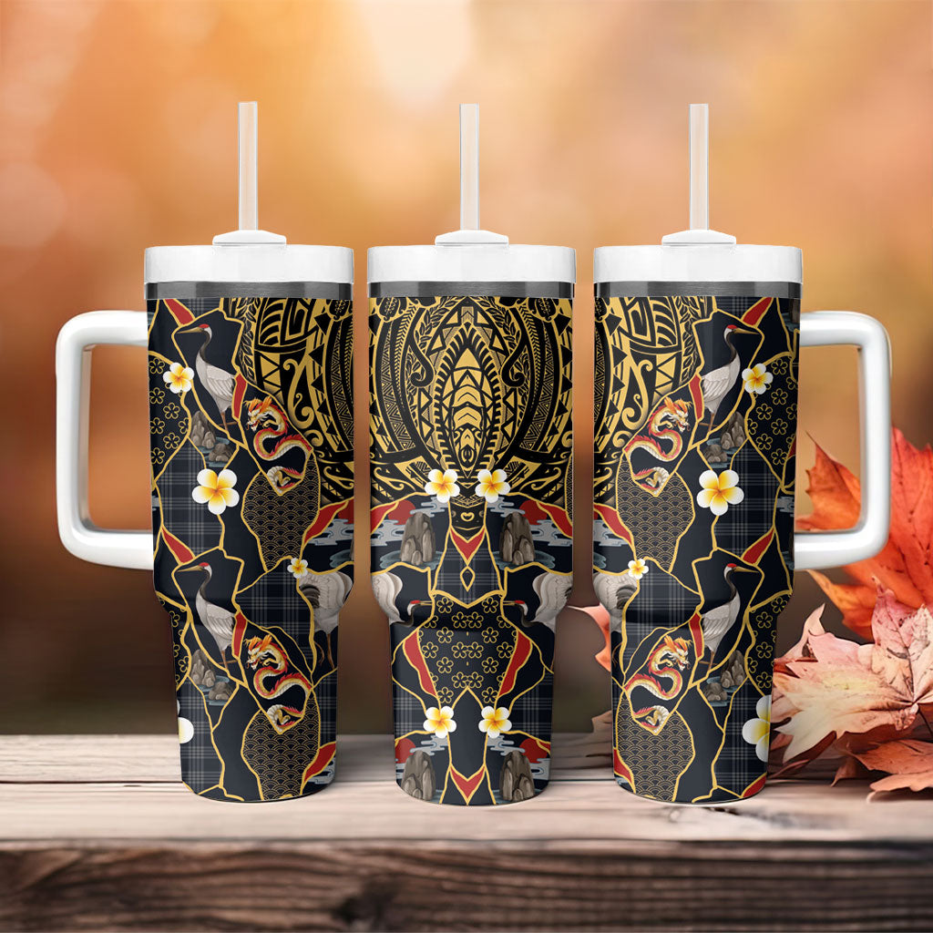 Hawaiian and Japanese Tumbler With Handle Polynesian Tattoo with Japanese Culture Kintsugi Style