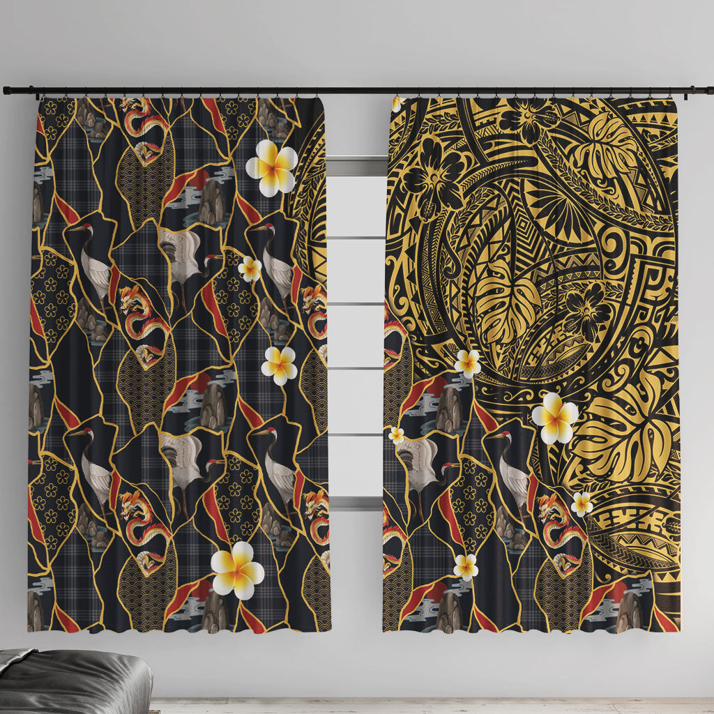 Hawaiian and Japanese Window Curtain Polynesian Tattoo with Japanese Culture Kintsugi Style LT03 With Hooks Multicolor - Polynesian Pride