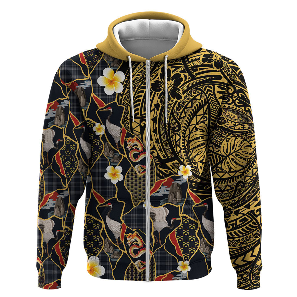 Hawaiian and Japanese Zip Hoodie Polynesian Tattoo with Japanese Culture Kintsugi Style LT03 Zip Hoodie Multicolor - Polynesian Pride