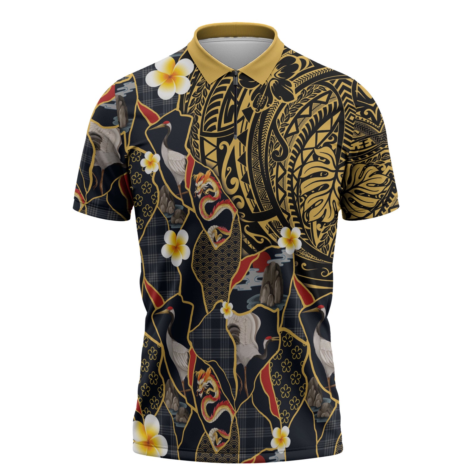 Hawaiian and Japanese Zipper Polo Shirt Polynesian Tattoo with Japanese Culture Kintsugi Style LT03 Multicolor - Polynesian Pride