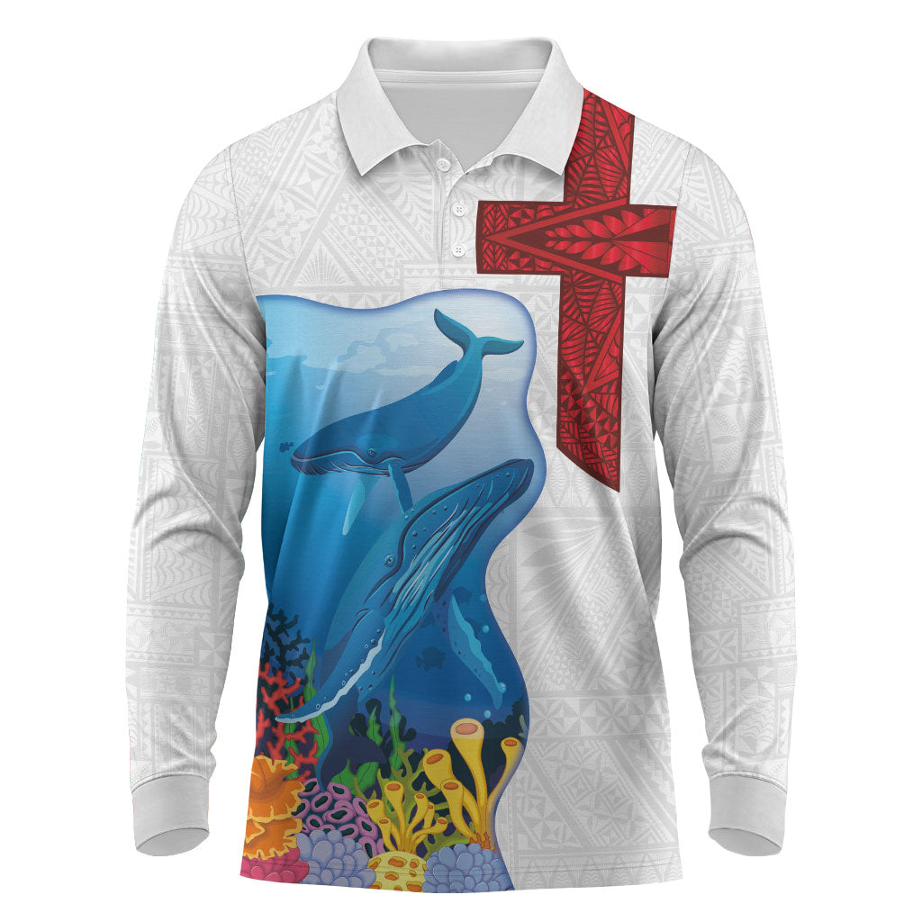 Tonga Swimming with Whales Long Sleeve Polo Shirt Ngatu Pattern