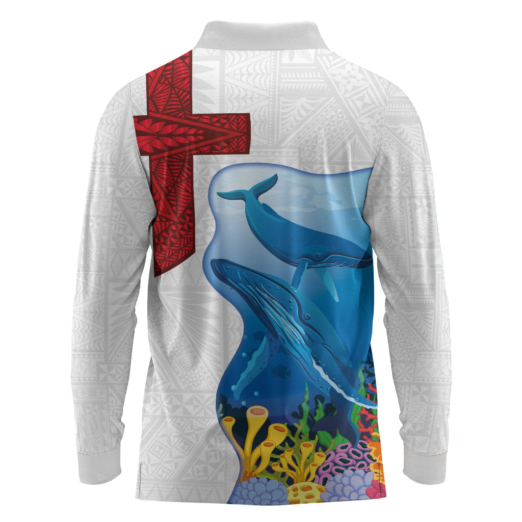 Tonga Swimming with Whales Long Sleeve Polo Shirt Ngatu Pattern