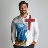 Tonga Swimming with Whales Long Sleeve Polo Shirt Ngatu Pattern