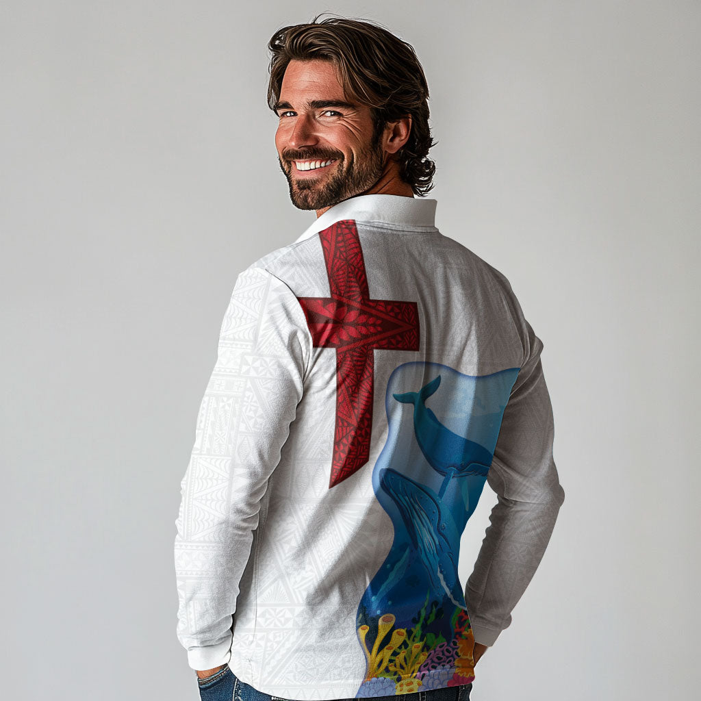 Tonga Swimming with Whales Long Sleeve Polo Shirt Ngatu Pattern