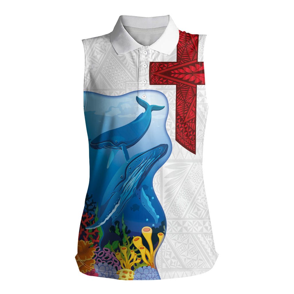 Tonga Swimming with Whales Women Sleeveless Polo Shirt Ngatu Pattern