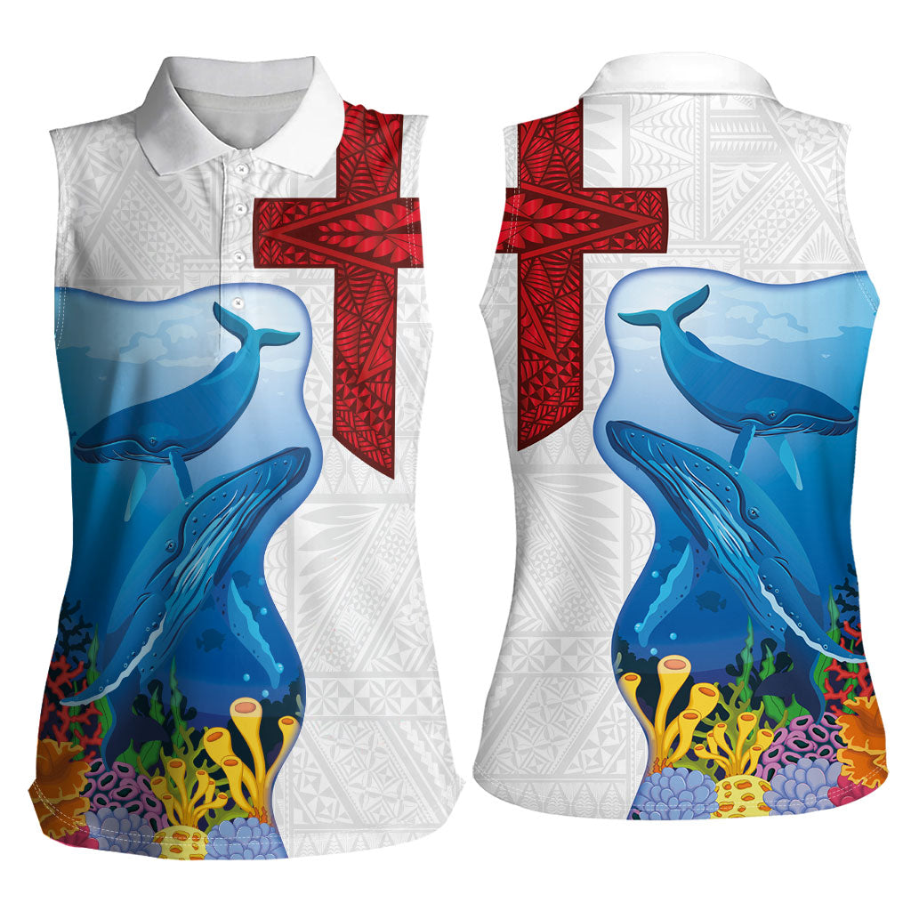 Tonga Swimming with Whales Women Sleeveless Polo Shirt Ngatu Pattern