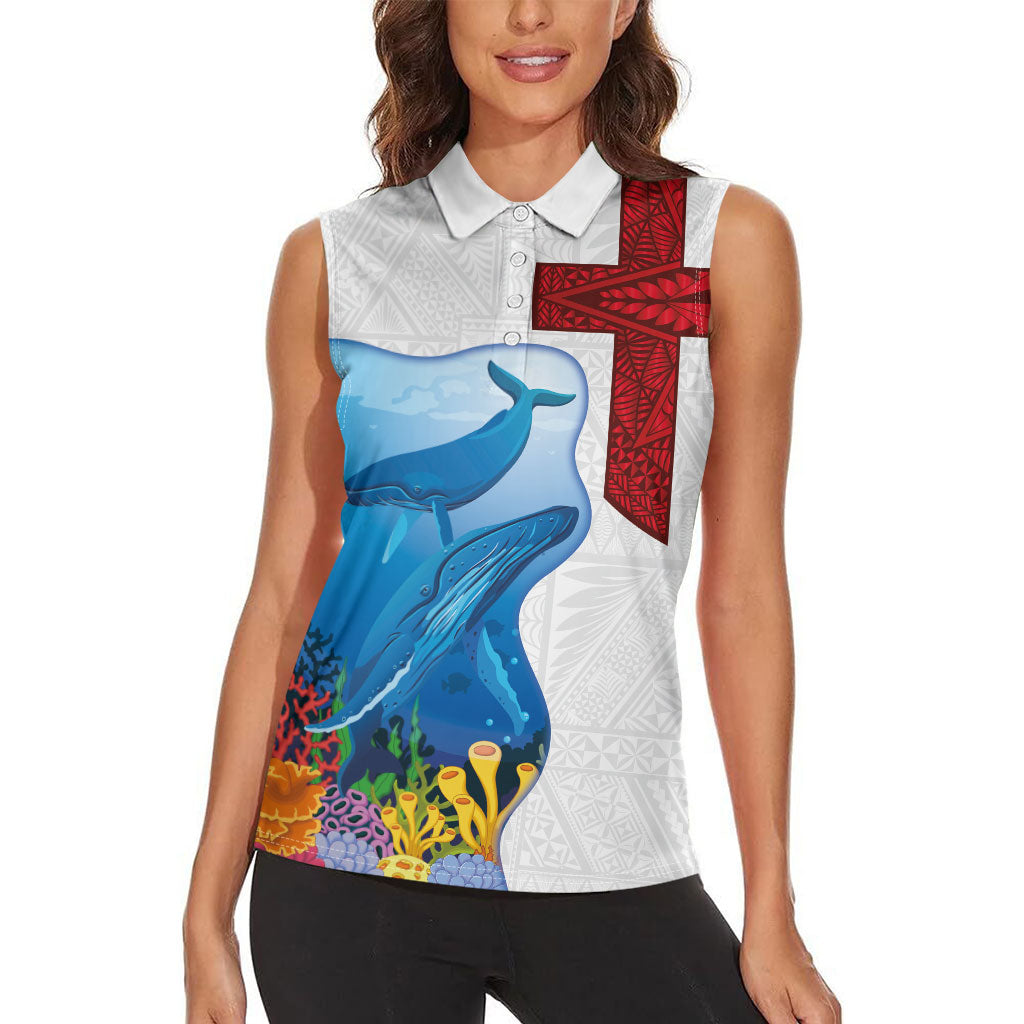 Tonga Swimming with Whales Women Sleeveless Polo Shirt Ngatu Pattern