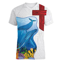 Tonga Swimming with Whales Women V-Neck T-Shirt Ngatu Pattern