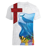 Tonga Swimming with Whales Women V-Neck T-Shirt Ngatu Pattern