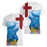Tonga Swimming with Whales Women V-Neck T-Shirt Ngatu Pattern