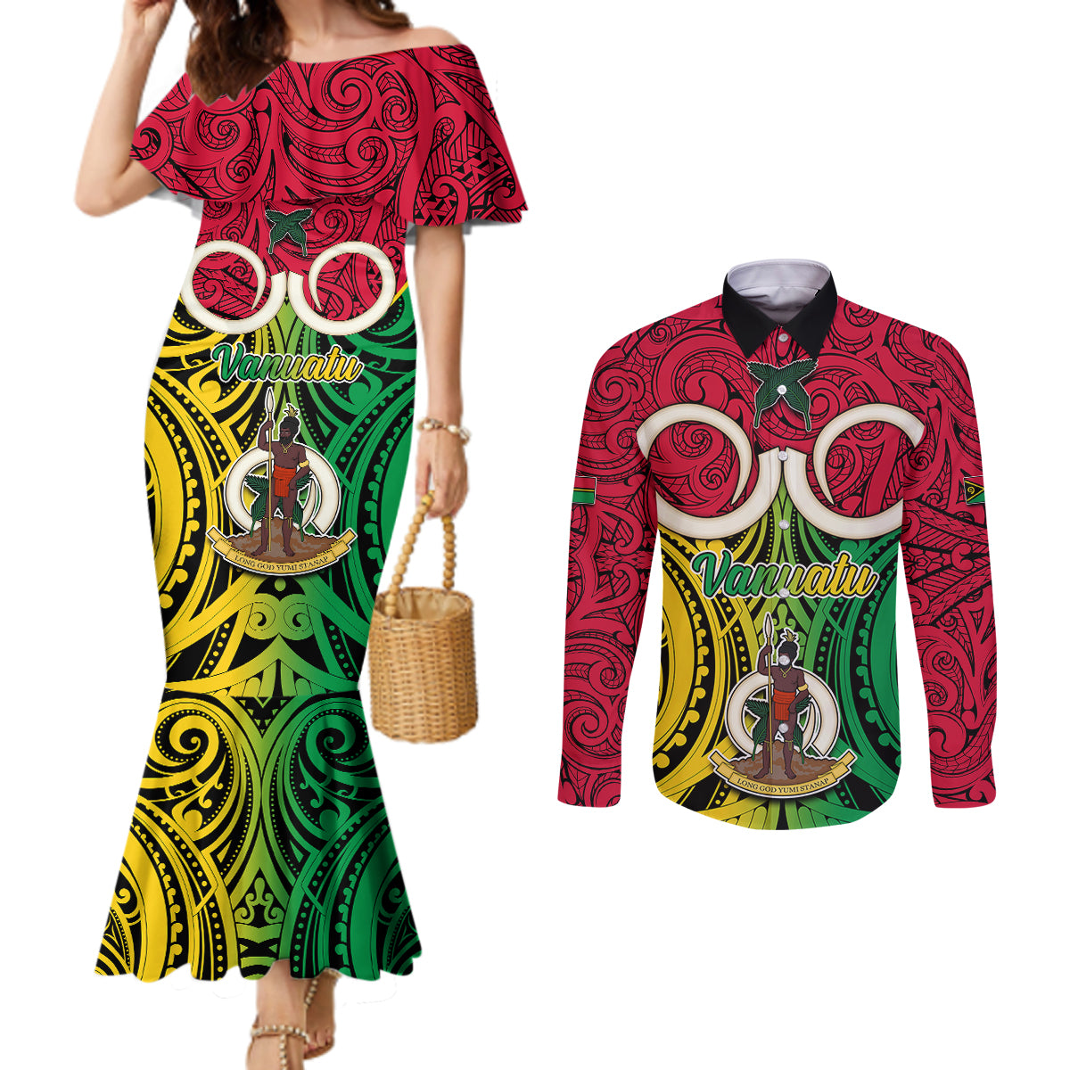 Vanuatu Couples Matching Mermaid Dress and Long Sleeve Button Shirts Pig Tusk Mix Maori Pattern and Namele Leaf LT03 Red - Polynesian Pride