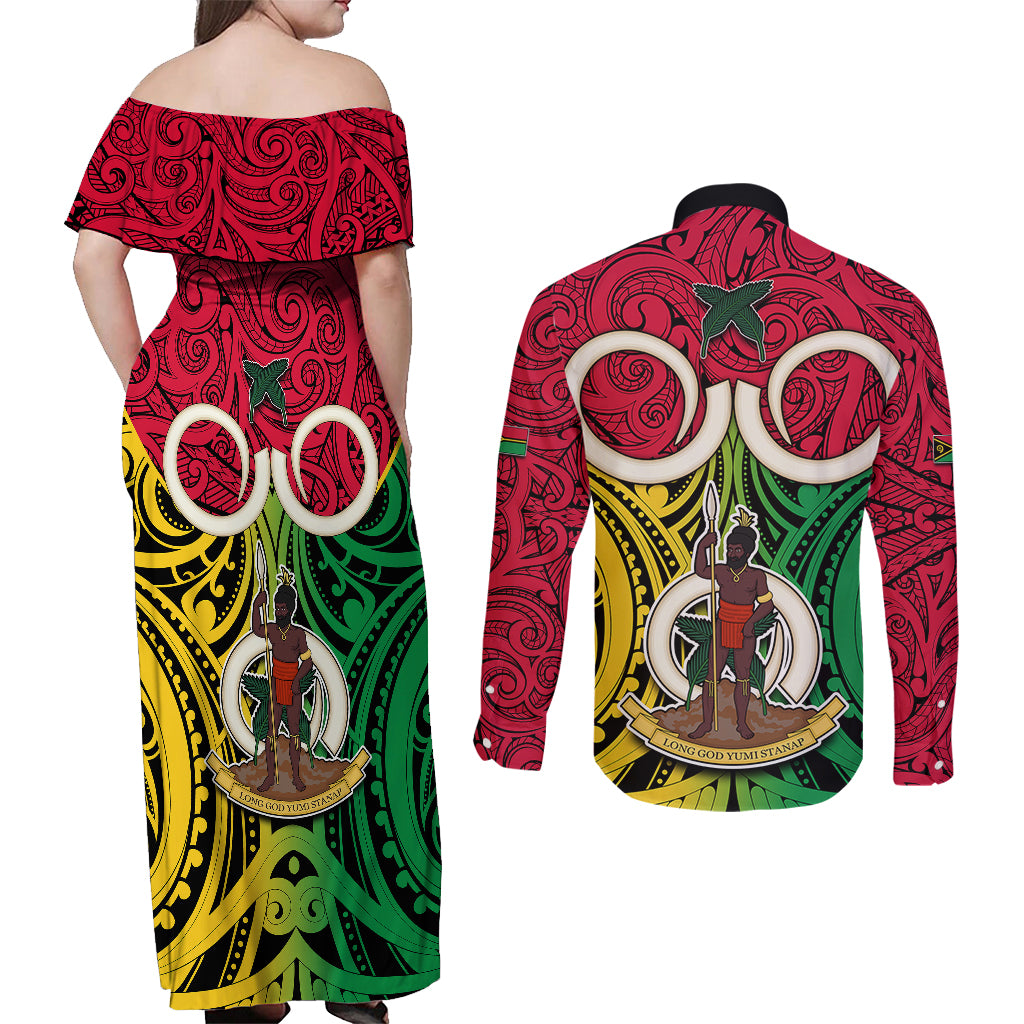 Vanuatu Couples Matching Off Shoulder Maxi Dress and Long Sleeve Button Shirts Pig Tusk Mix Maori Pattern and Namele Leaf LT03 - Polynesian Pride
