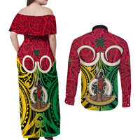 Vanuatu Couples Matching Off Shoulder Maxi Dress and Long Sleeve Button Shirts Pig Tusk Mix Maori Pattern and Namele Leaf LT03 - Polynesian Pride