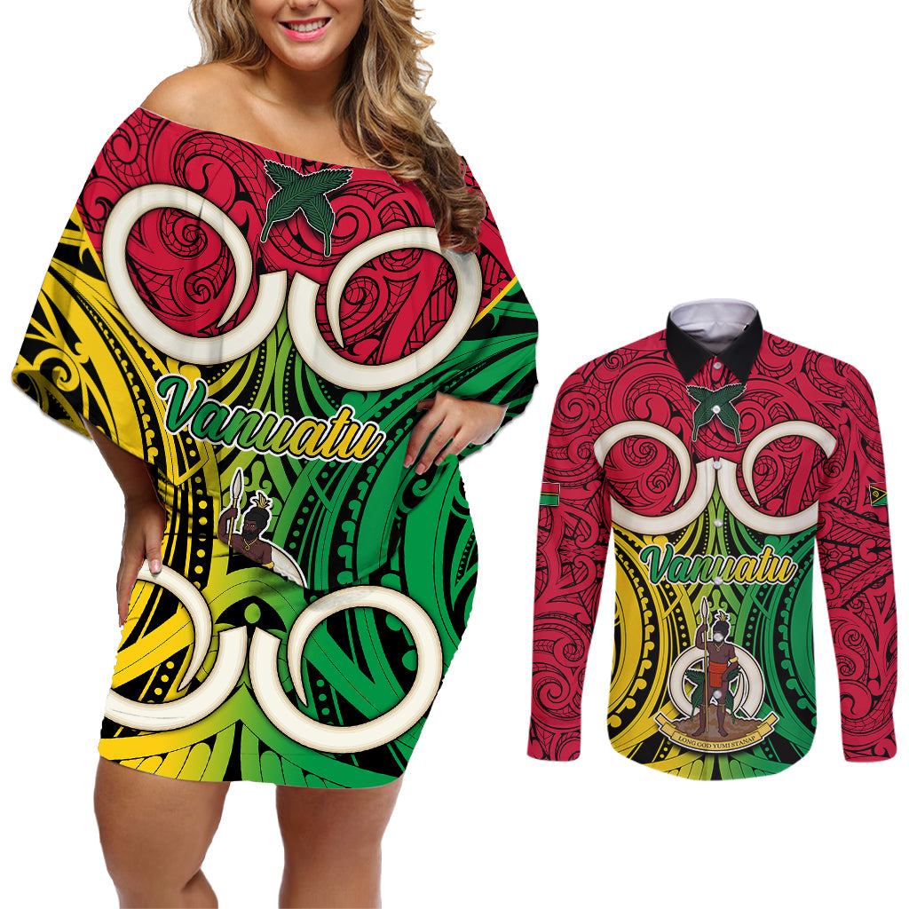 Vanuatu Couples Matching Off Shoulder Short Dress and Long Sleeve Button Shirts Pig Tusk Mix Maori Pattern and Namele Leaf LT03 Red - Polynesian Pride