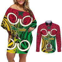 Vanuatu Couples Matching Off Shoulder Short Dress and Long Sleeve Button Shirts Pig Tusk Mix Maori Pattern and Namele Leaf LT03 Red - Polynesian Pride