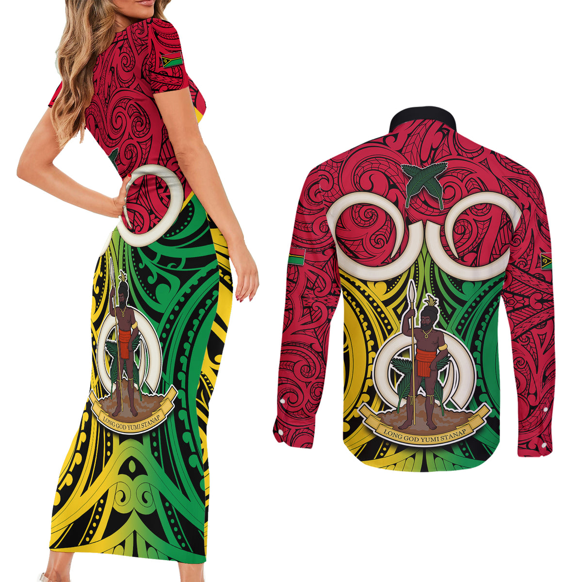 Vanuatu Couples Matching Short Sleeve Bodycon Dress and Long Sleeve Button Shirts Pig Tusk Mix Maori Pattern and Namele Leaf LT03 - Polynesian Pride